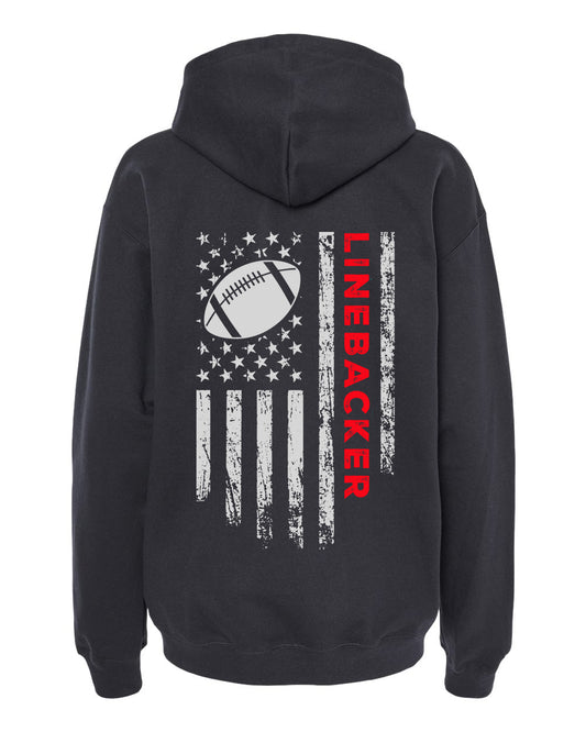 LINEBACKER / U.S.A. FLAG HOODIE - ADULT Red lettering/White flag