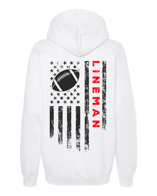 LINEMAN /U.S.A. FLAG HOODIE - ADULT Red Lettering/ Black Flag