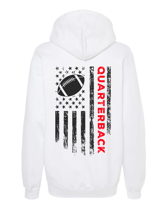 QUARTERBACK /U.S.A. FLAG HOODIE - ADULT Red Lettering/ Black Flag