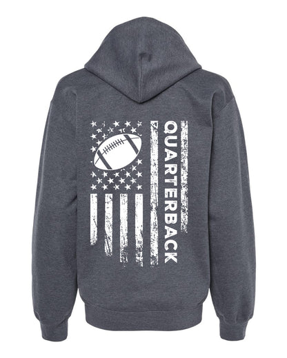 QUARTERBACK /U.S.A. FLAG HOODIE - ADULT WHITE Lettering/ WHITE Flag